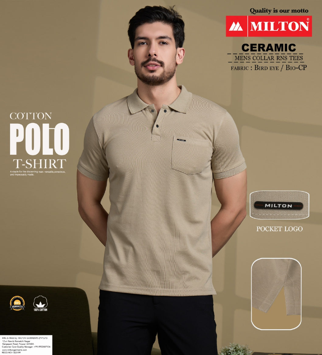 A man modeling a beige short-sleeve polo t-shirt with a textured waffle pattern, featuring a chest pocket with a small MILTON logo. The image includes promotional text overlays for 'Cotton Polo T-Shirt' and 'Ceramic' fabric, along with a fabric swatch inset.