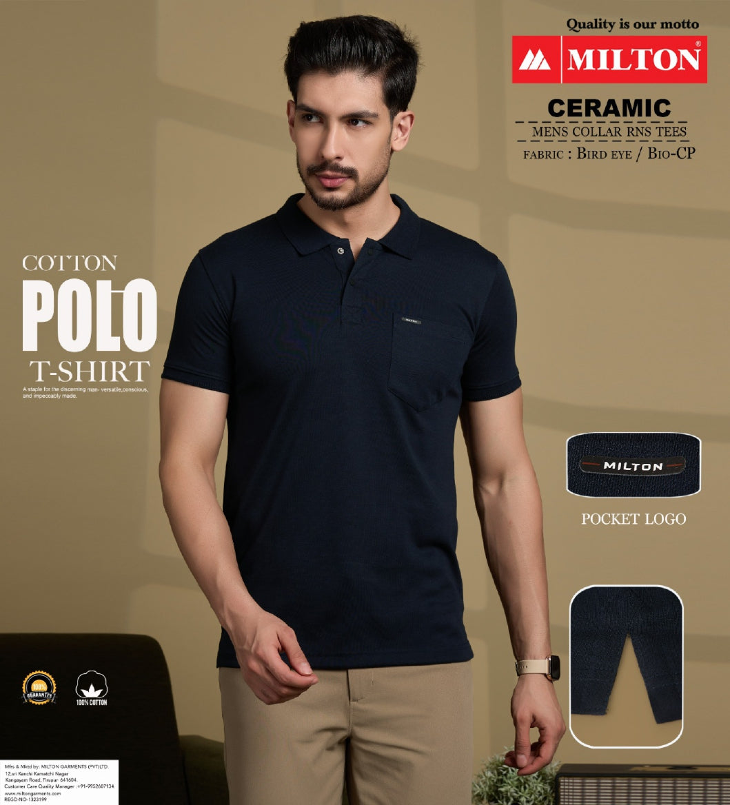 A man modeling a dark navy blue polo t-shirt with a collarless design, featuring a chest pocket with a logo. The image includes promotional text for a 'Cotton Polo T-Shirt' by the brand 'MILTON', along with inset graphics showing the collarless construction and the pocket logo.