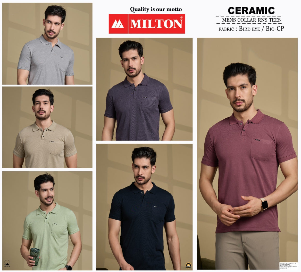 A promotional collage for MILTON men's polo shirts, featuring multiple male models wearing different solid-colored polo shirts in gray, navy, beige, light green, and maroon. The right side includes text reading 'CERAMIC' and 'MENS COLLAR RS TEES' with fabric details.