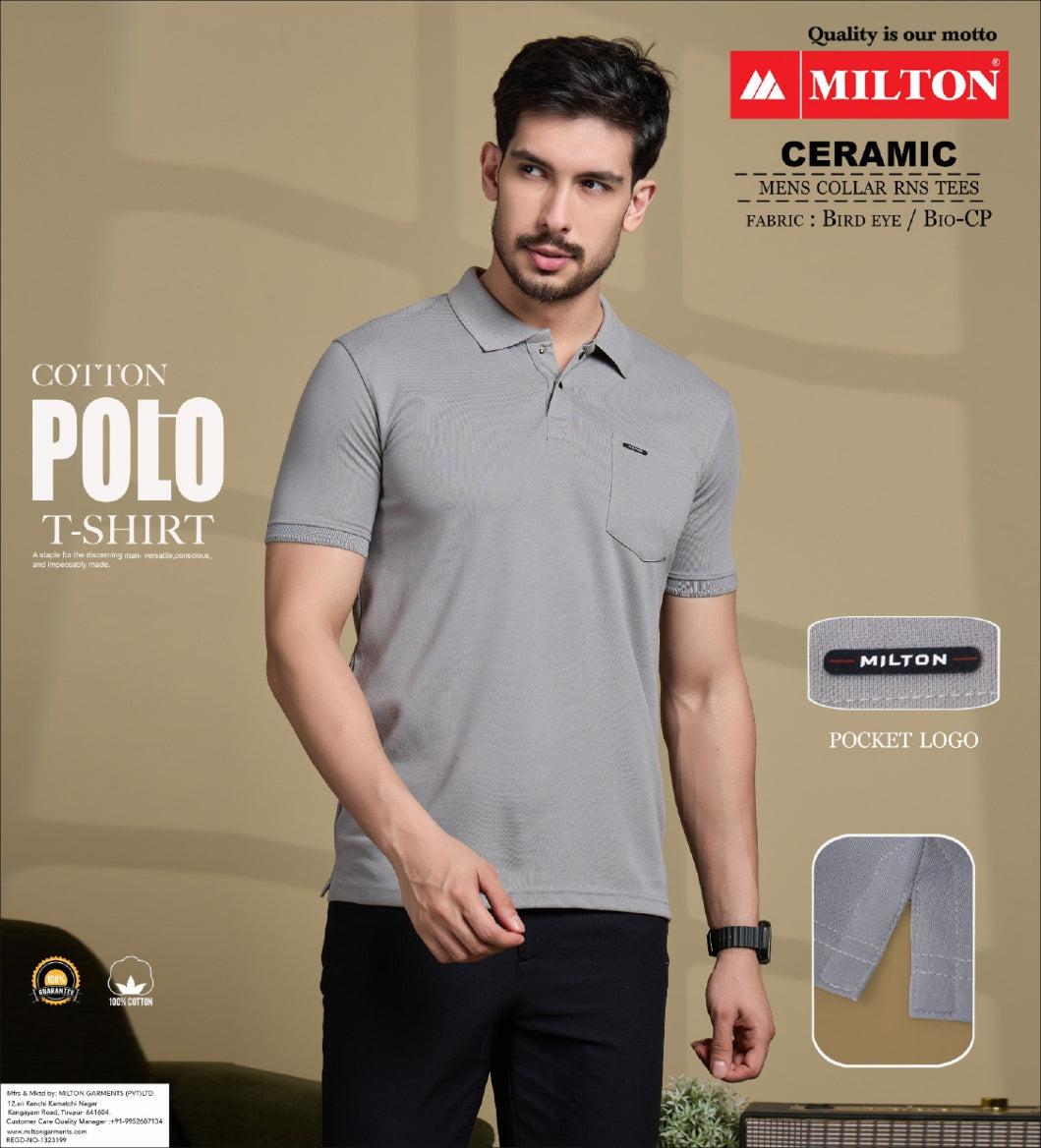 A man wearing a light gray short-sleeve polo shirt with a small chest pocket, standing against a beige background. The image includes promotional text for a cotton polo t-shirt by MILTON, along with inset details of the fabric and a pocket logo.