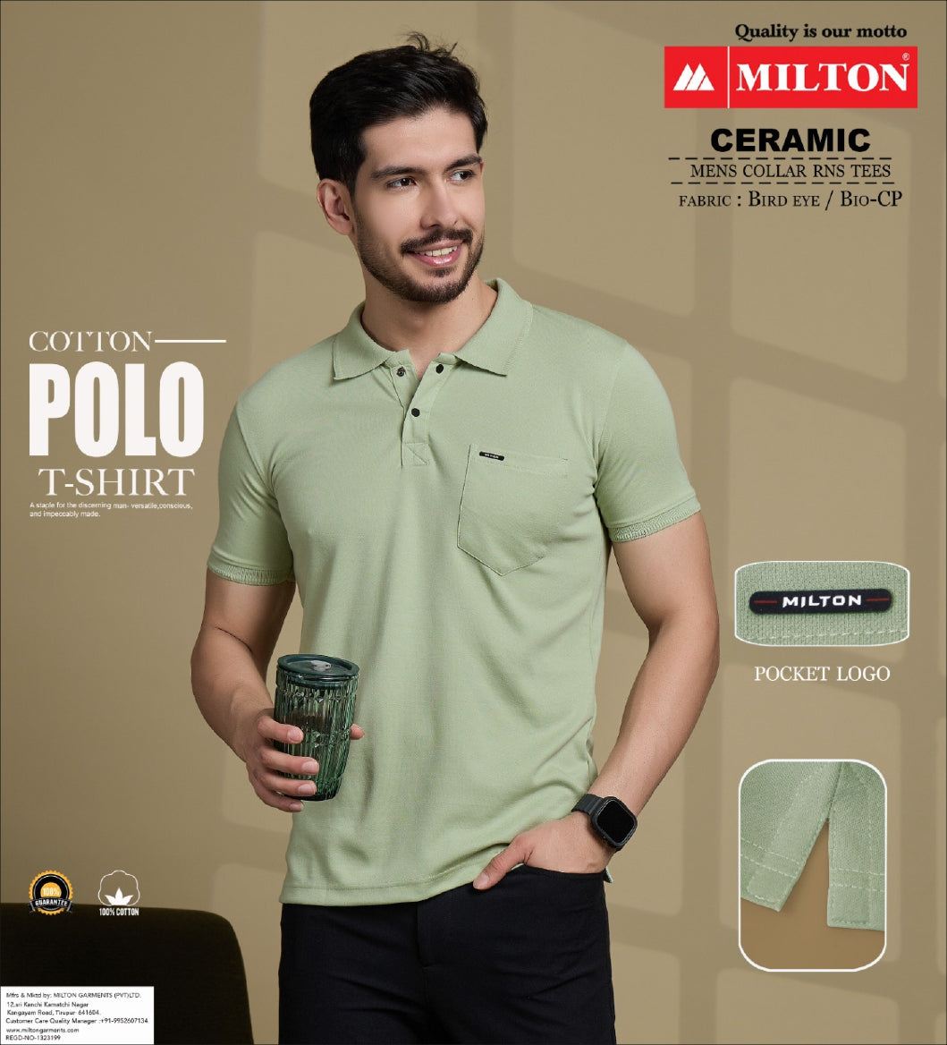 A man wearing a light sage green polo shirt by MILTON, holding a dark green textured tumbler. The image is a promotional graphic for a cotton polo t-shirt, featuring the MILTON brand logo, product details, and a pocket logo inset on a beige background.