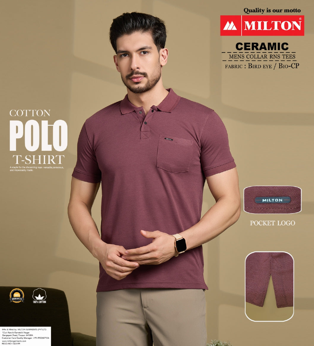 A man modeling a short-sleeve polo t-shirt in a dusty plum or burgundy shade, paired with beige trousers. The image is a promotional graphic for a MILTON brand cotton polo t-shirt, featuring product text overlays, a fabric swatch, and a logo on a beige background.